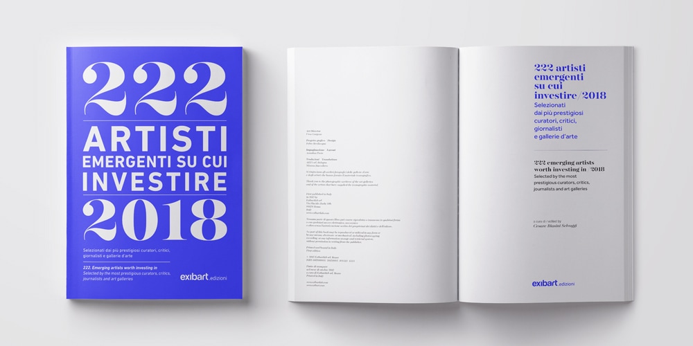 Copertina del libro "222 Artisti Emergenti su cui Investire 2018" progettata da Fabio Bevilacqua